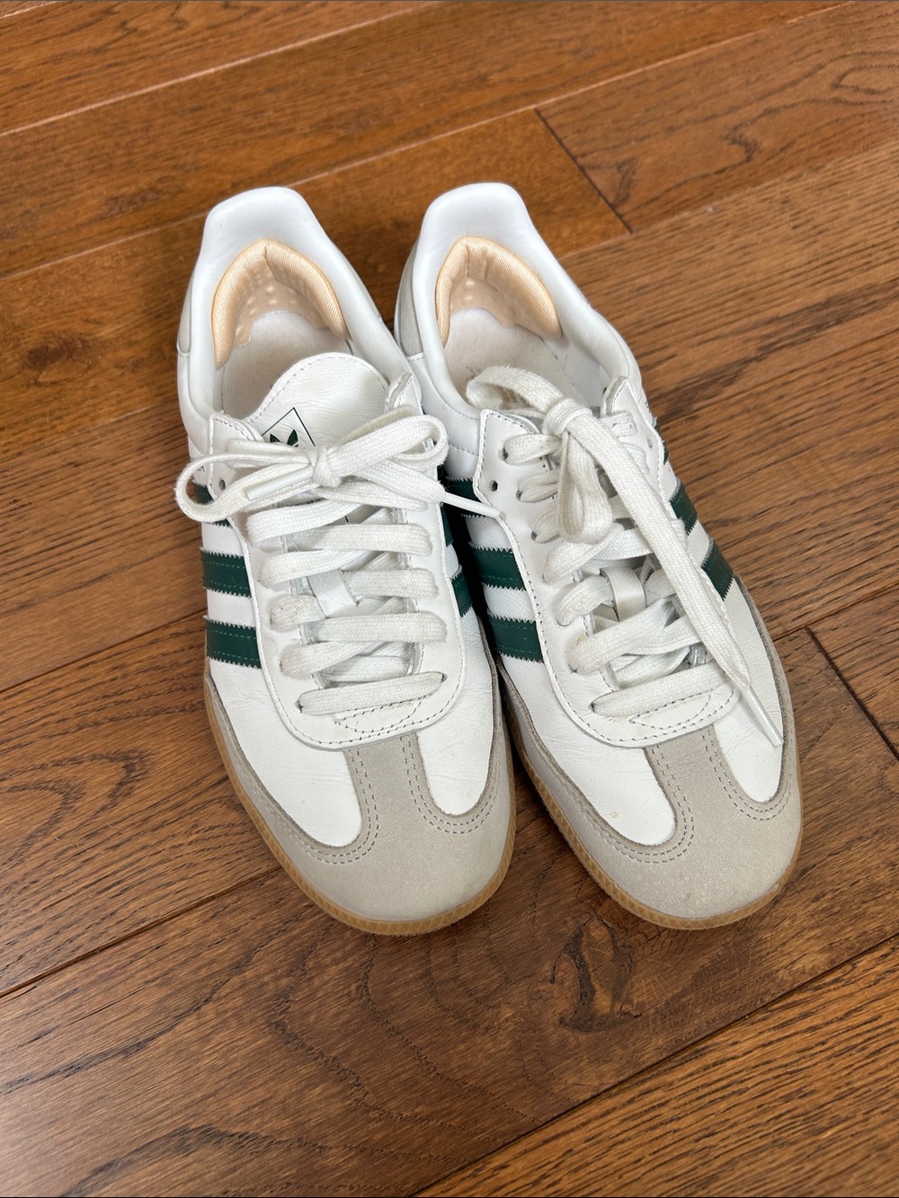 Adidas White Samba Sneakers with Dark Green Stripes and Gum Sole